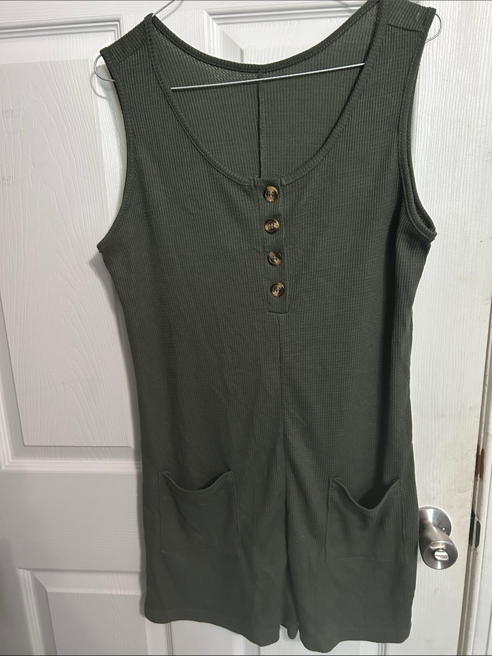 Sleeveless Olive Ribbed Pocket Romper with Button Detail